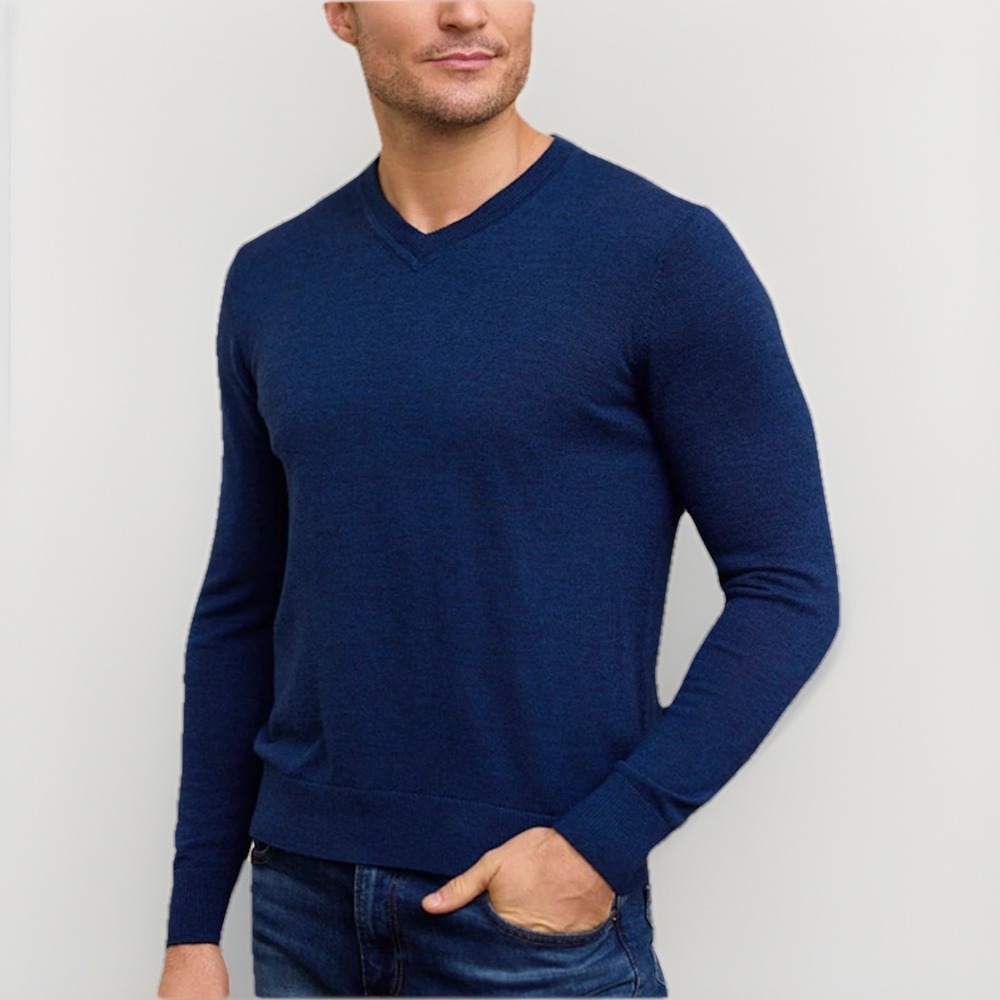 Raffi Men's Bronson V-Neck Sweater Small Navy Blue 100% Extra Fine Wool Pullover